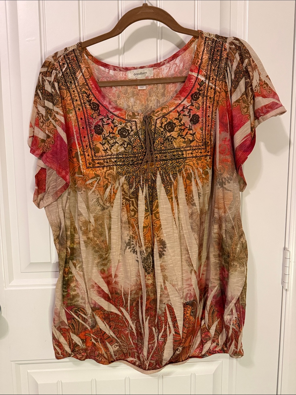 dressbarn Multicolor Floral-Paisley Scoop Neck Blouse — Red, Orange, Tan